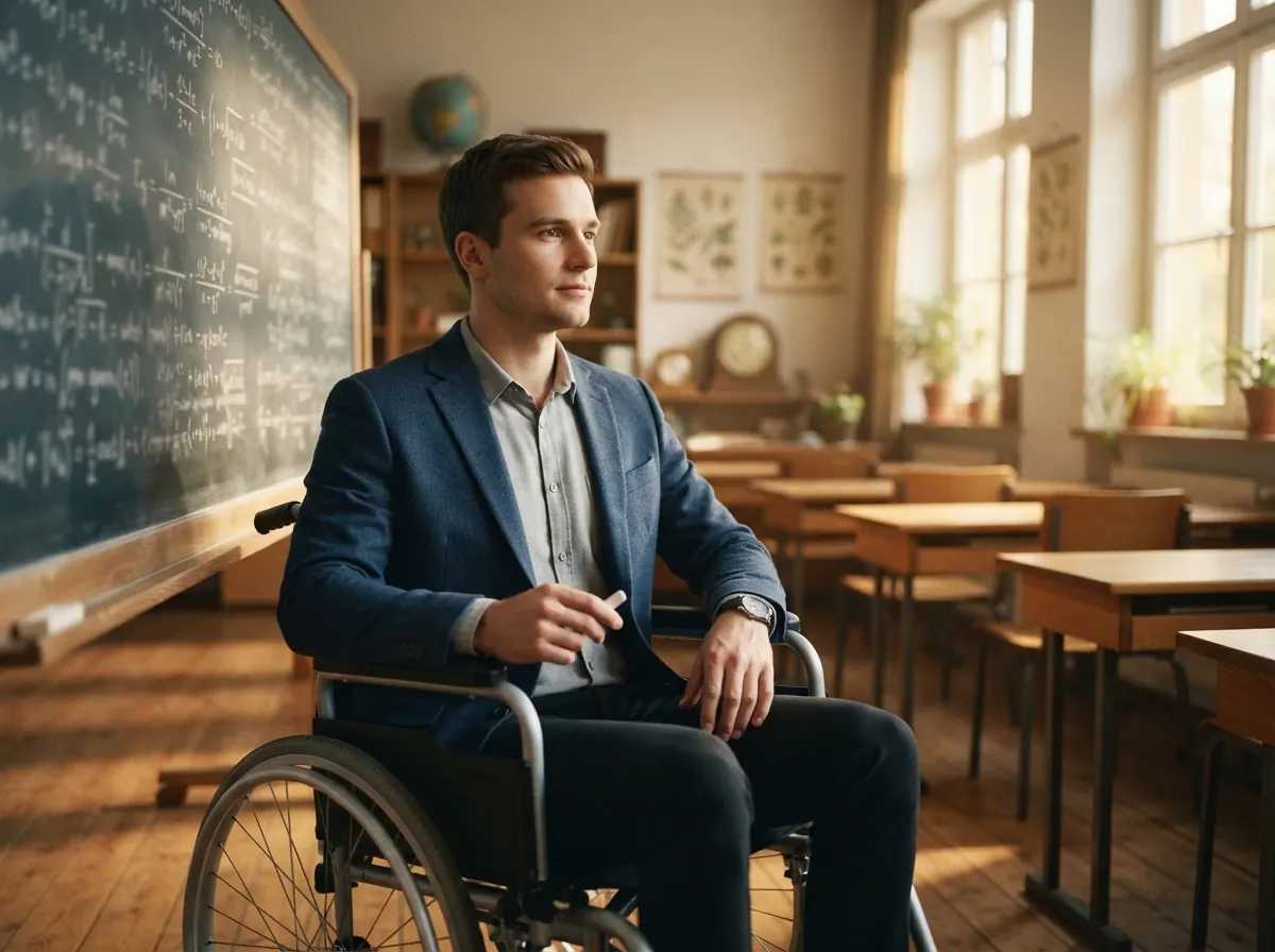 Junger Mathematiklehrer im Rollstuhl im Klassenzimmer: BU-Leistung nach fehlerhafter Ablehnung
