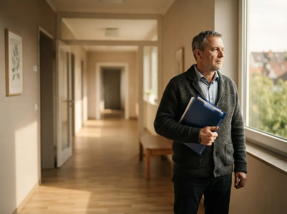 Erfahrener Pflegedienstleiter steht nachdenklich in einem Klinikflur: Probleme im BU-Leistungsfall